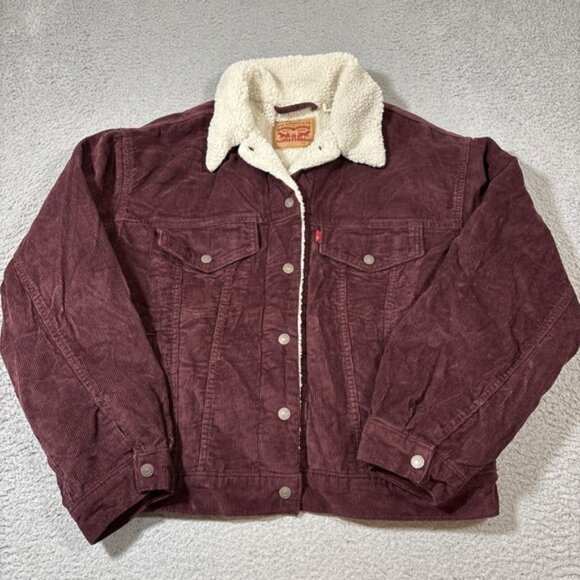Levis Women Sz L Corduroy Sherpa Trucker Jacket Warm Winter Coat Mauve Purple - Picture 1 of 6